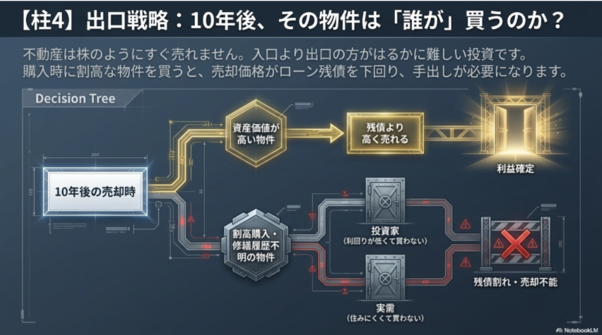 資産価値が高い物件と割高購入物件の10年後の売却シナリオを表したデシジョンツリー