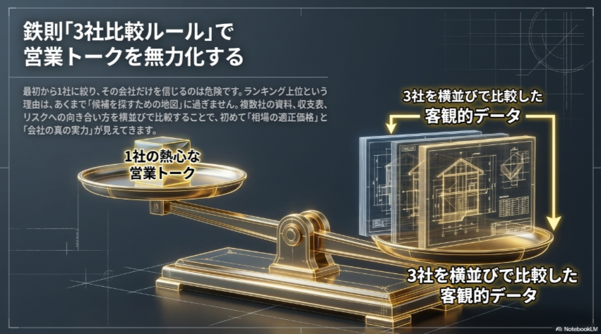 1社の熱心な営業トークより3社を比較した客観的データを重視する天秤の図