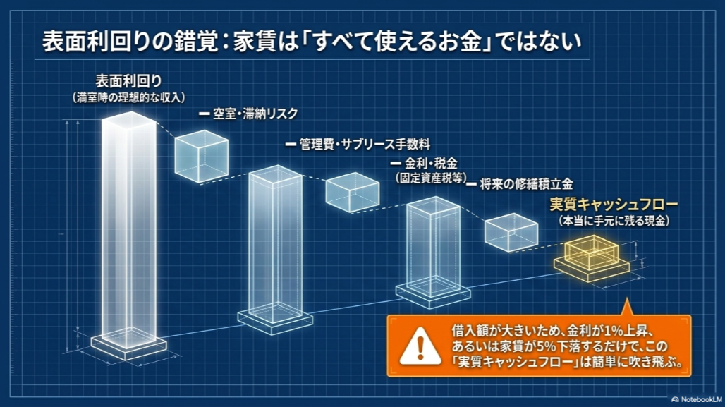 アパートの表面利回りから空室、管理費、金利、税金、修繕費を差し引き、実質キャッシュフローが残る流れ