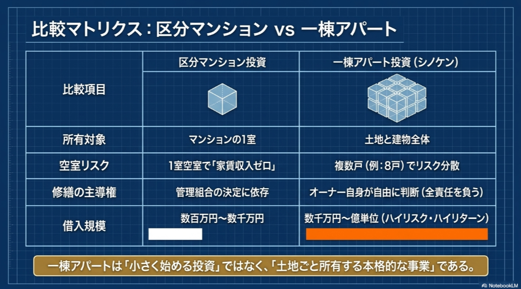 区分マンション投資とシノケンの一棟アパート投資を、所有対象、空室リスク、修繕、借入規模で比較した図