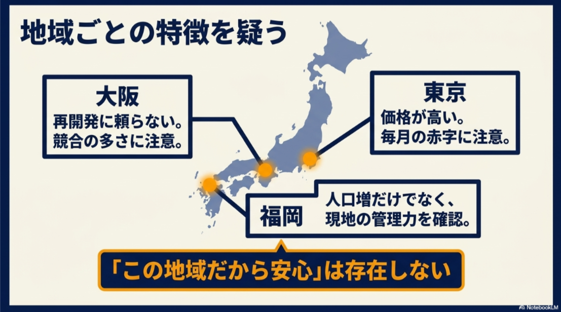 東京、大阪、福岡の物件価格、再開発、人口動向などの特徴と注意点を比較した日本地図