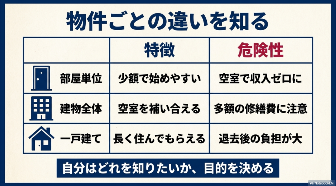 区分マンション、一棟物件、戸建て賃貸の特徴と空室、修繕、退去後負担のリスクを比較した表