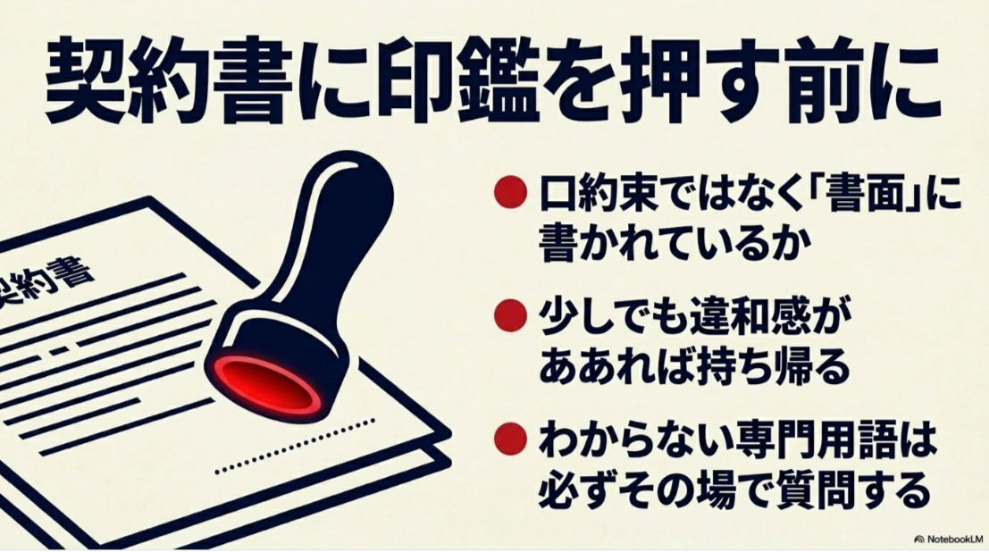 口約束ではなく書面を確認し違和感や不明な専門用語があれば押印前に質問する注意点