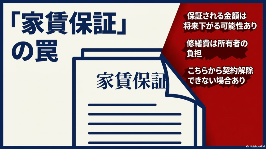 家賃保証には保証額の減額、修繕費負担、契約解除の制限がある可能性を示した注意図