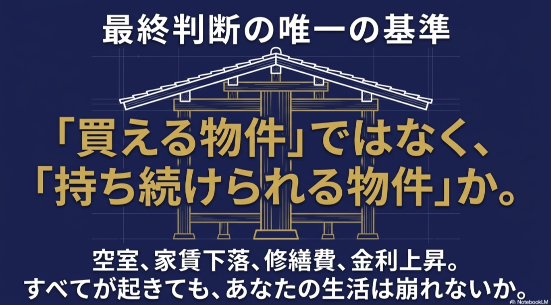 空室・家賃下落・修繕費・金利上昇が起きても持ち続けられる物件かを判断する図