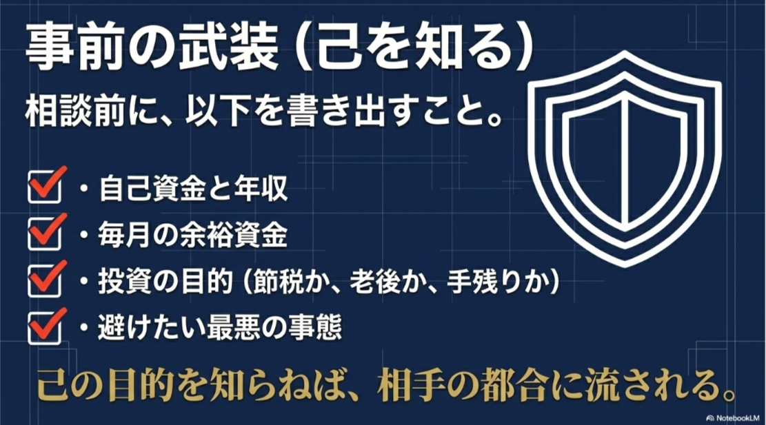 自己資金・年収・毎月の余裕資金・投資目的・避けたい事態を面談前に整理するチェック項目