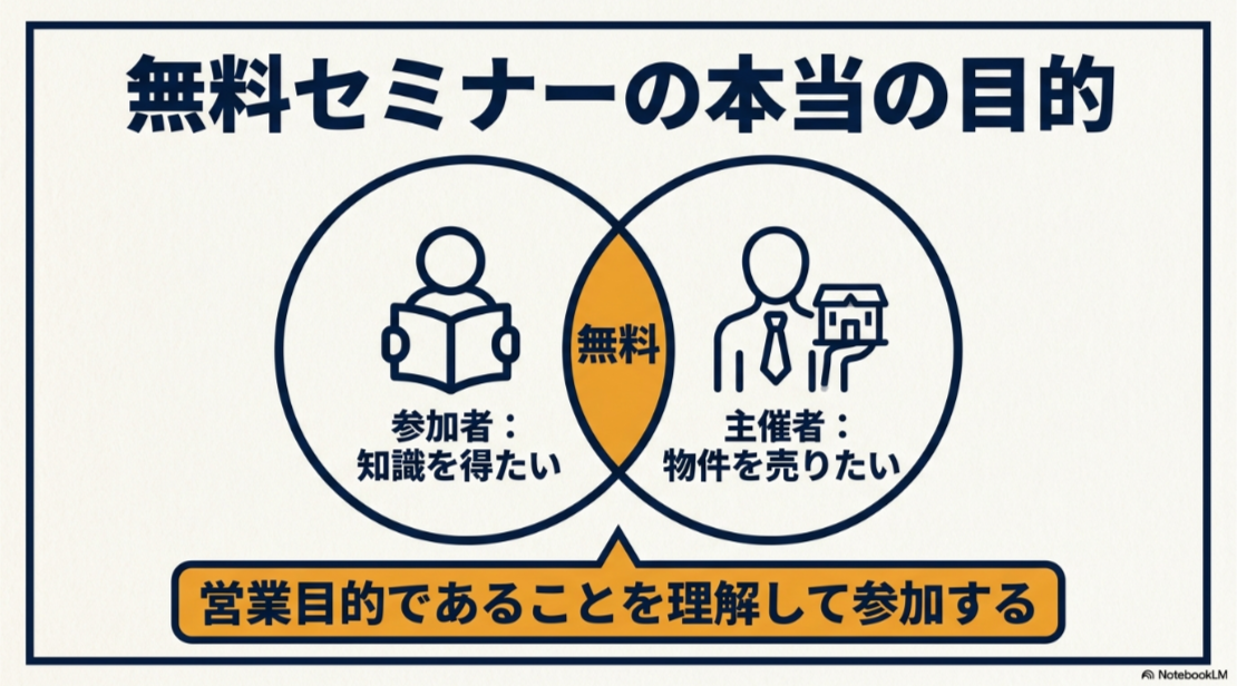 無料セミナーは参加者の学習と主催会社の物件販売が交わる営業接点であることを示す図