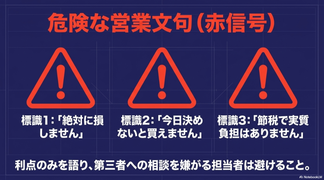絶対に損しない・今日決めないと買えない・節税で実質負担なしなど不動産投資営業の危険な文句