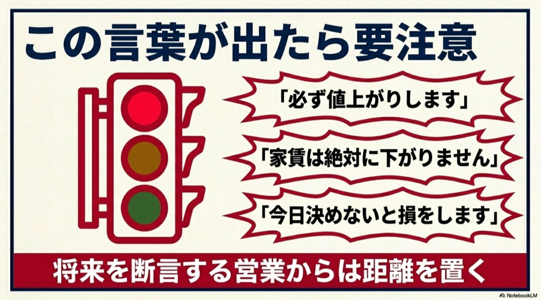 必ず値上がりする、家賃は下がらない、今日決めないと損など注意すべき不動産営業の言葉