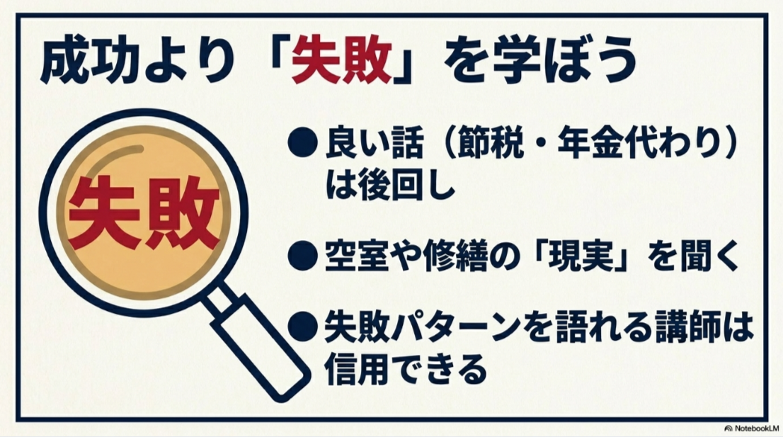 節税や年金対策の成功談より空室や修繕などの失敗例を学ぶ重要性を示したスライド