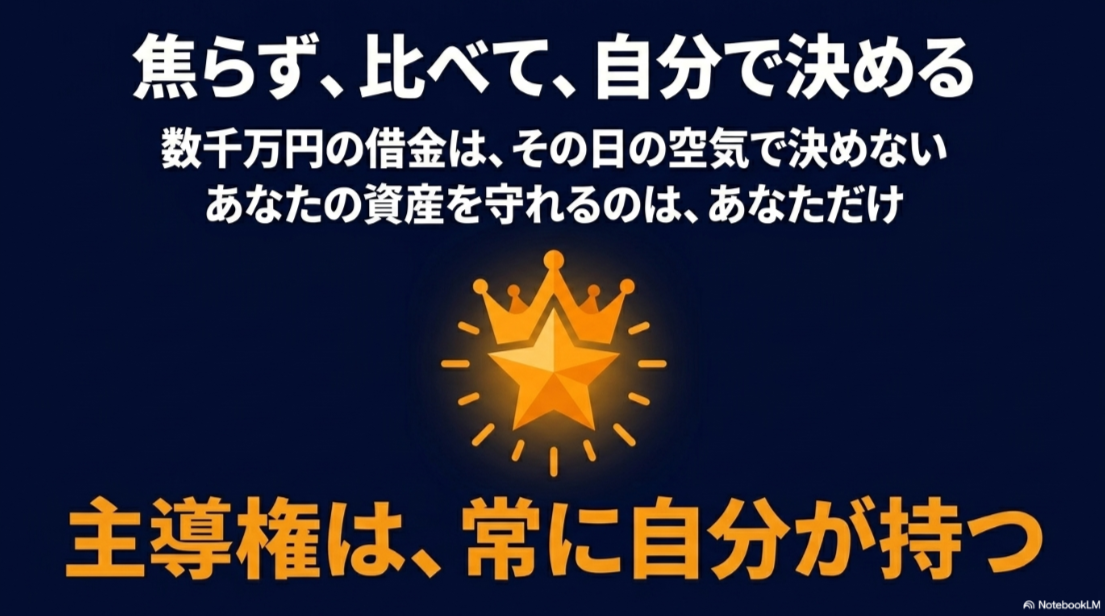 焦らず比較して自分で決め数千万円の借入に対する主導権を自分が持つという最終メッセージ