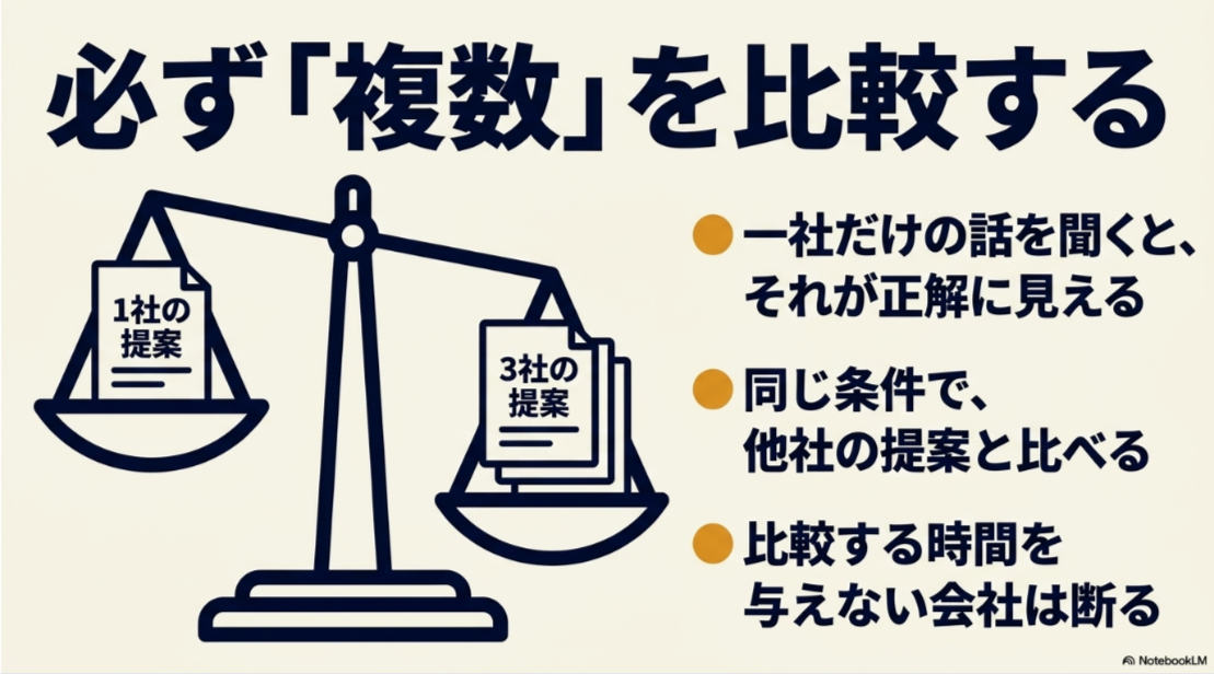 一社の提案だけで決めず同じ条件で複数の不動産投資会社を比較する重要性を示した図