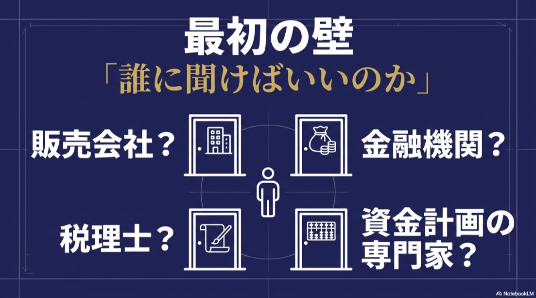 販売会社・金融機関・税理士・資金計画の専門家など不動産投資の相談先を示す