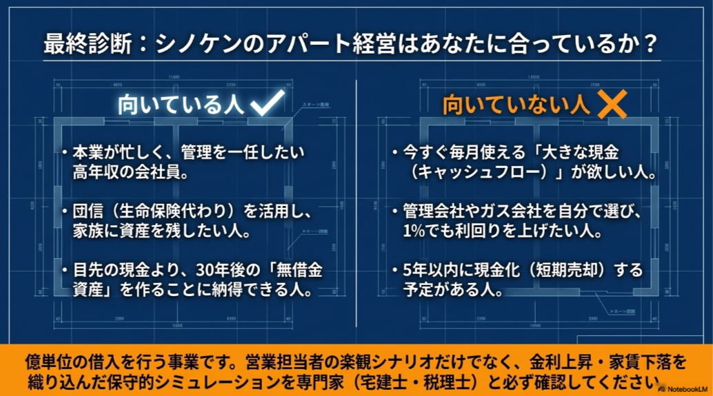 シノケンのアパート経営が向いている人と向いていない人を、管理、団信、保有期間、キャッシュフローの考え方で比較した図