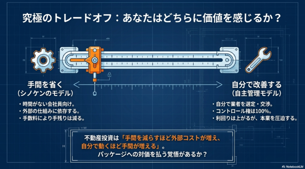 シノケンの一括管理と自主管理について、手間、外部コスト、自由度の違いを比較した図
