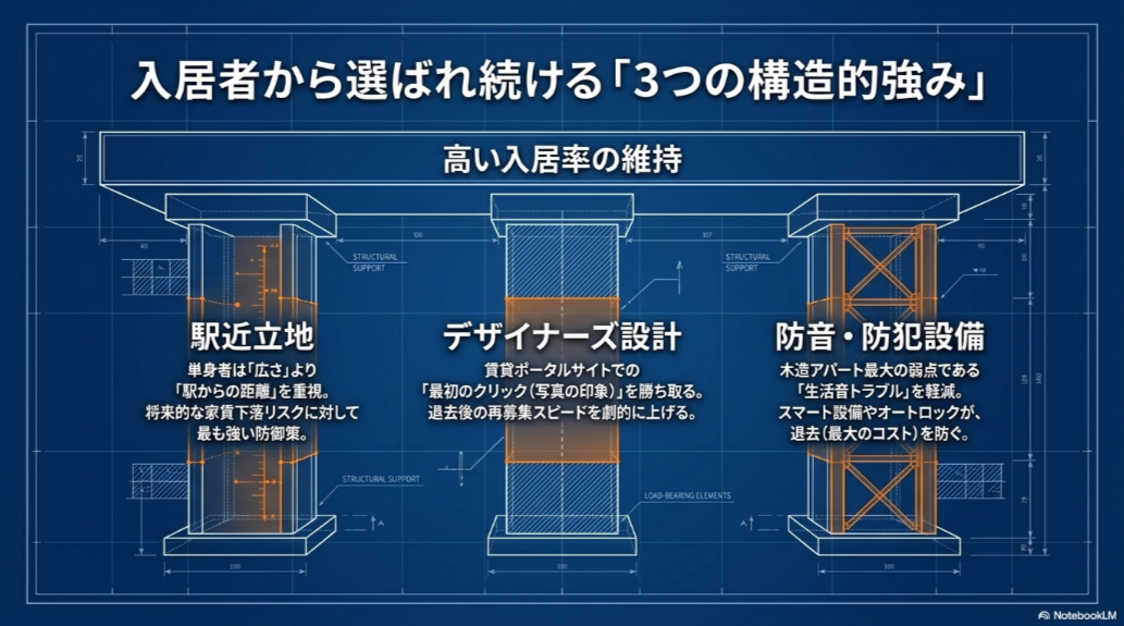 シノケン収益物件の駅近立地、デザイナーズ設計、防音・防犯設備という3つの強み