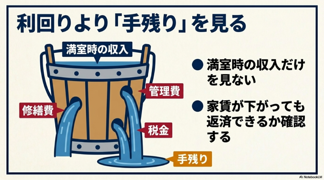 満室時の家賃収入から管理費、修繕費、税金を差し引き実際の手残りを見る考え方
