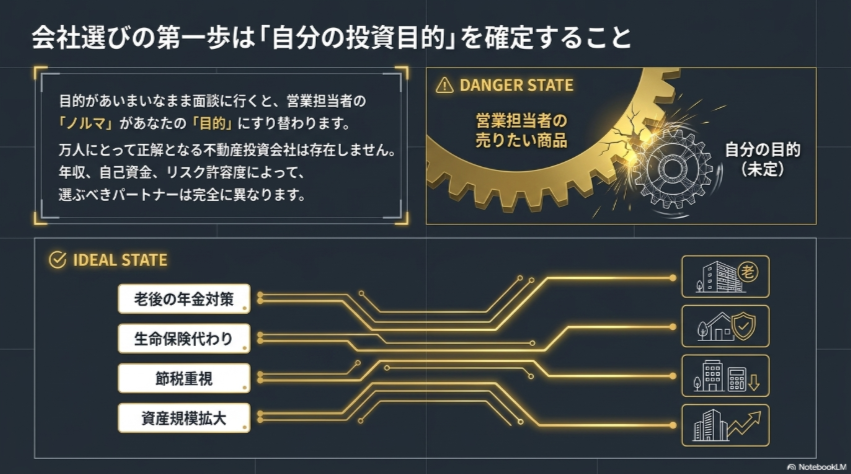 営業担当者の売りたい商品ではなく自分の投資目的を明確にする図解