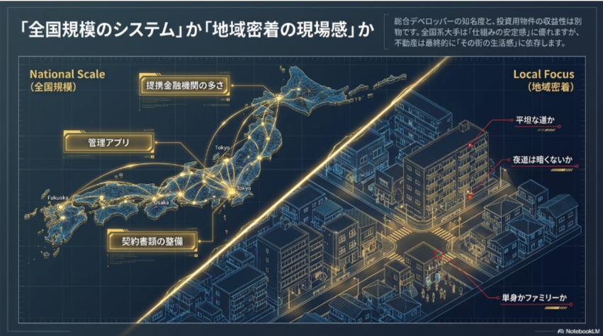 全国規模のネットワークと地域密着型の現場感(夜道の明るさや道幅など)の比較図