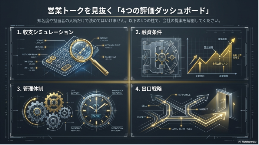 収支シミュレーション、融資条件、管理体制、出口戦略の4つの評価軸まとめ