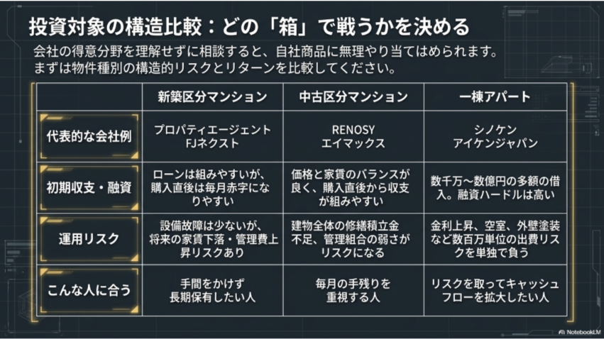 新築区分、中古区分、一棟アパートの初期収支や運用リスクを比較した表