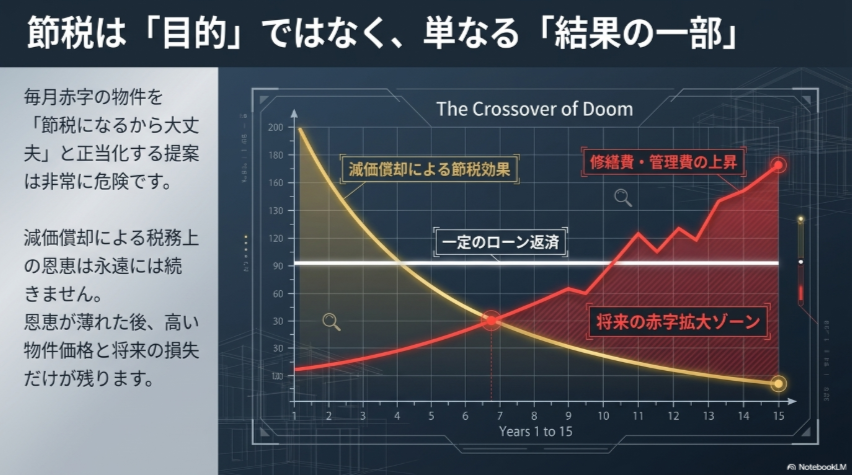 節税効果の低下と修繕費上昇による将来の赤字拡大を示すデッドクロスのグラフ