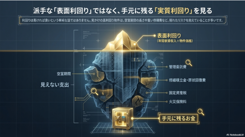 表面利回りから見えない支出(空室期間、管理費、税金など)を引いた実質利回りの図解