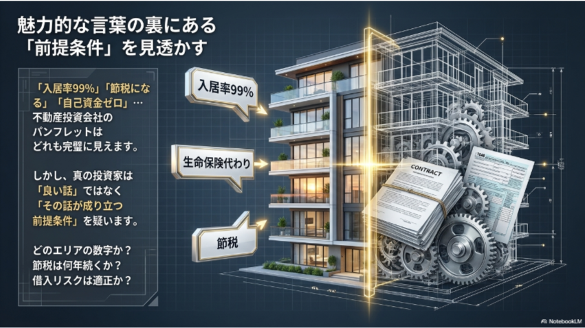 入居率99%や節税などの魅力的な言葉の裏にある前提条件を見透かすイメージ図