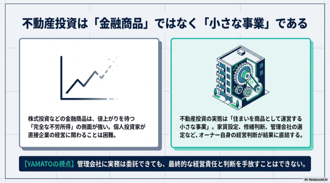 株式投資と不動産投資を比較し、不動産投資ではオーナーの経営判断が収益に影響することを示した図