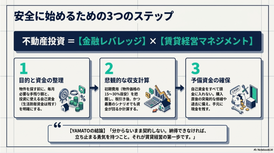 目的と自己資金の整理、悲観的な収支計算、購入後の予備資金確保という不動産投資の3つの開始手順