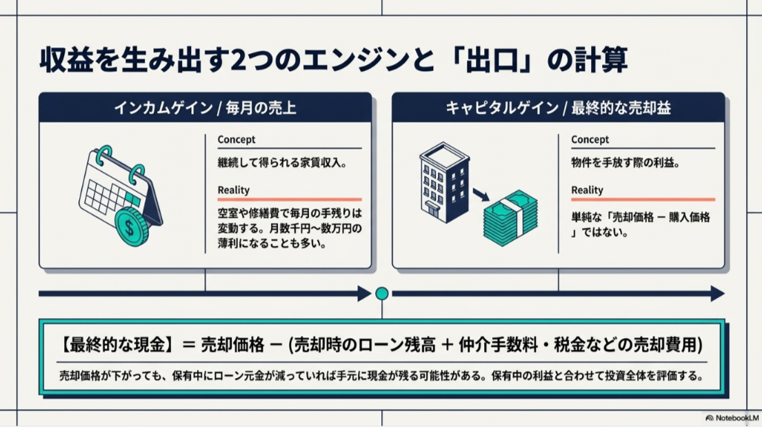 インカムゲインとキャピタルゲインの違いと、売却価格からローン残高や売却費用を引く出口計算の図