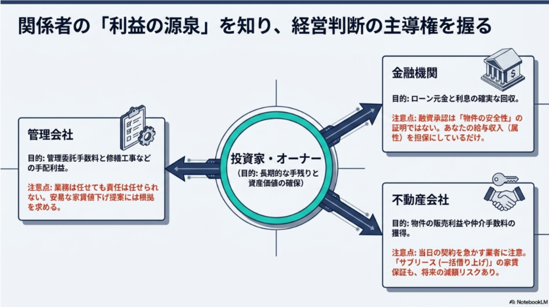 投資家を中心に金融機関、不動産会社、管理会社それぞれの目的と利益の源泉、注意点を整理した図