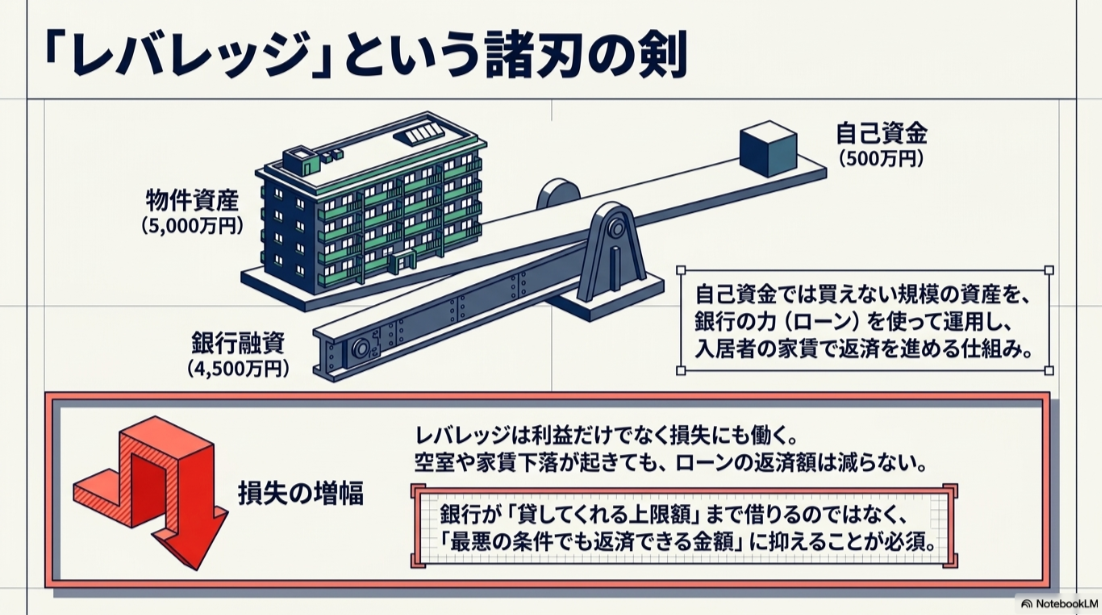 自己資金500万円と銀行融資4,500万円で5,000万円の物件を購入するレバレッジの仕組みと損失リスク