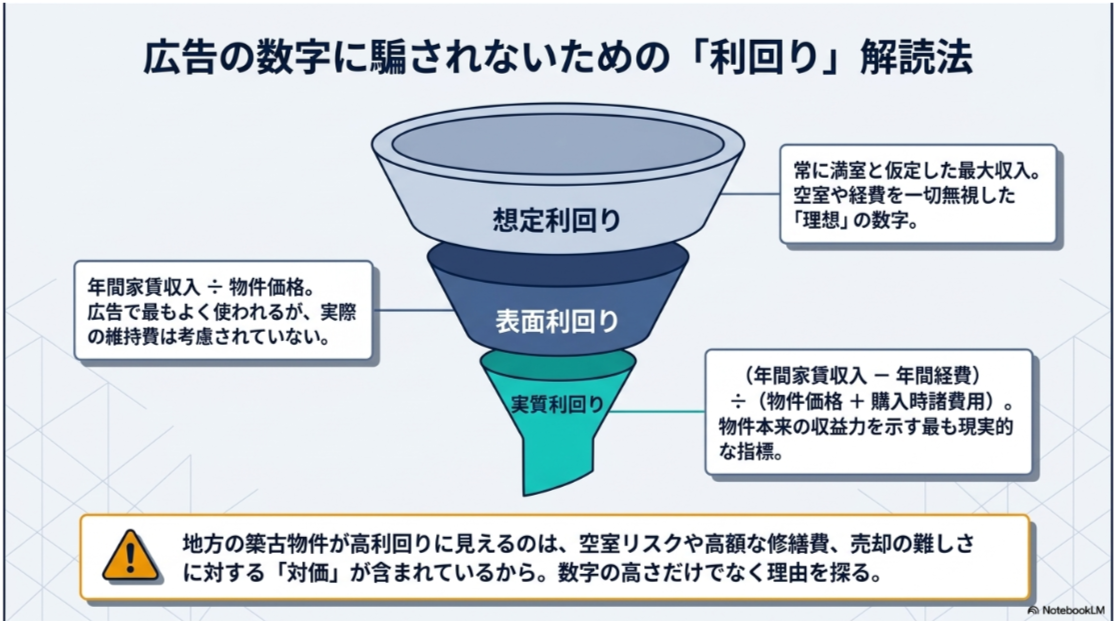 満室を前提とする想定利回り、経費を含まない表面利回り、年間経費と購入諸費用を反映する実質利回りの違いを示した図