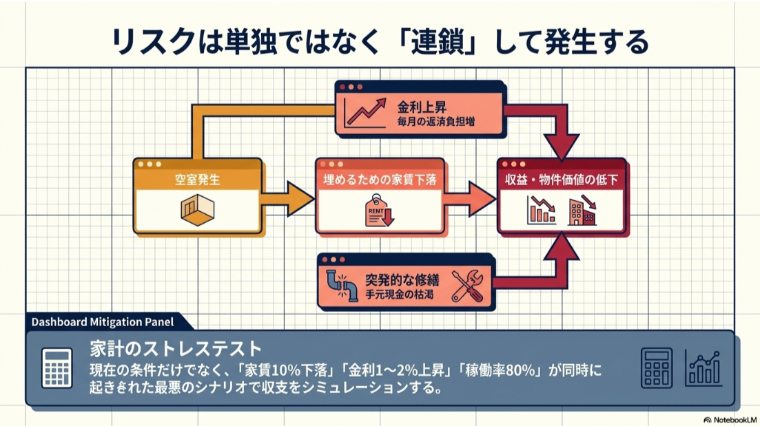 空室発生から家賃下落、収益と物件価値の低下へ進み、金利上昇や突発的修繕が重なるリスクの連鎖図