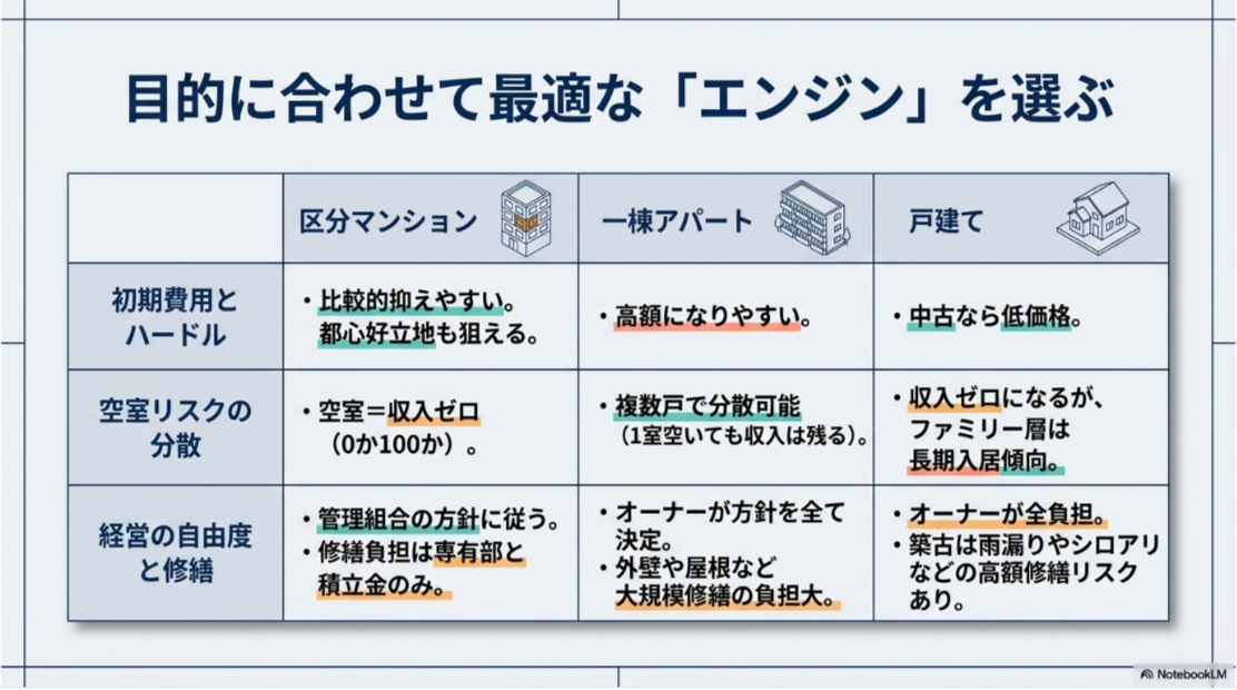 区分マンション、一棟アパート、戸建て投資について初期費用、空室リスク、経営の自由度、修繕負担を比較した表