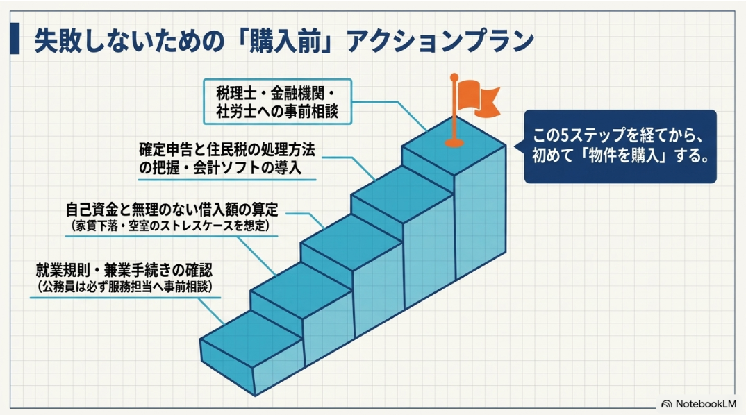 就業規則と兼業手続き、無理のない借入額、確定申告と住民税、税理士や金融機関への相談を購入前に確認する手順