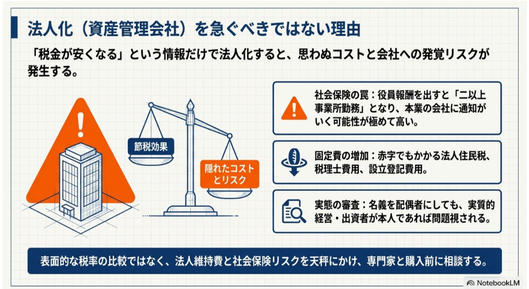 資産管理会社を設立した場合に生じる社会保険、法人維持費、実質的な経営者の審査などのリスクを示した図