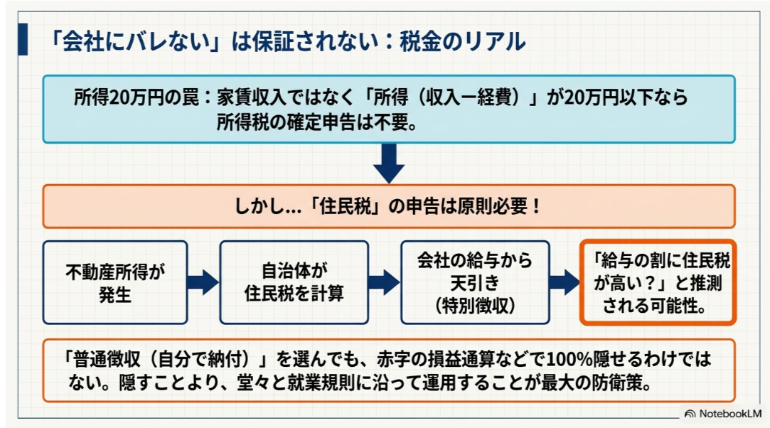 一定条件下での所得20万円以下の確定申告と、不動産所得を含む住民税が勤務先で特別徴収される仕組みを示した図