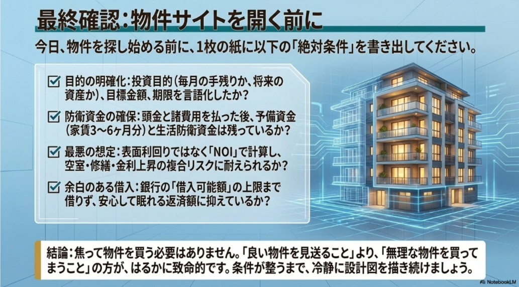 不動産投資初心者が物件探し前に確認する投資目的・防衛資金・収支・借入余力のチェックリスト