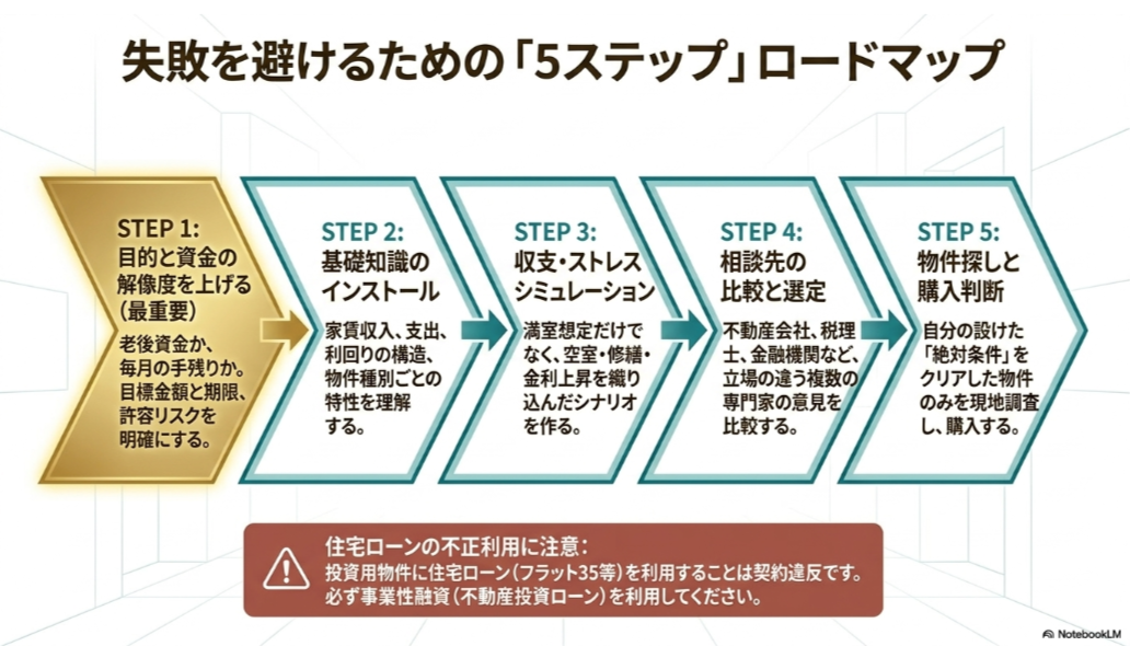 目的と資金の整理から収支計算や相談先の比較を経て物件を購入するまでの不動産投資5ステップ