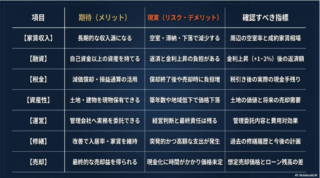 家賃収入・融資・税金・資産性・運営・修繕・売却について、メリットとリスクと確認指標を比較した表