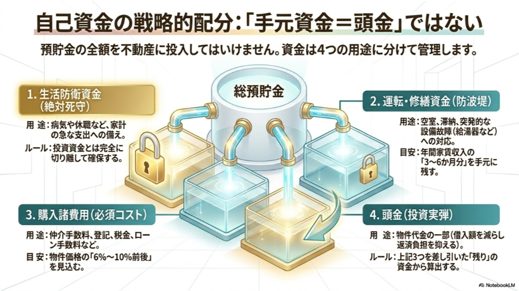 不動産投資の自己資金を生活防衛資金・運転修繕資金・購入諸費用・頭金に分ける図