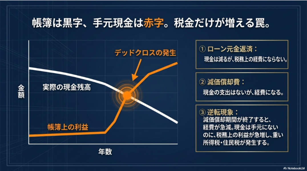 ローン元金返済と減価償却終了により、手元現金が減る一方で帳簿上の利益と税負担が増えるデッドクロスの図