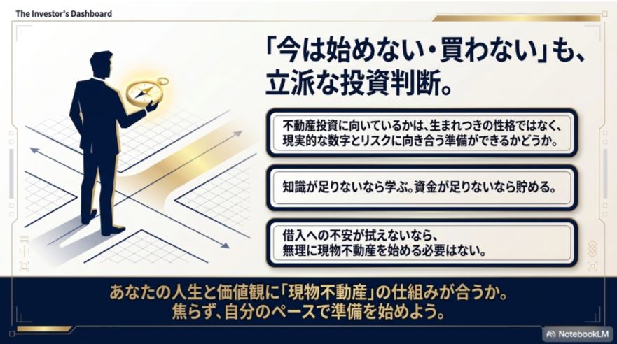 知識や資金が不足する場合は準備し、借入への不安が強い場合は無理に現物不動産を始めない判断を示す図