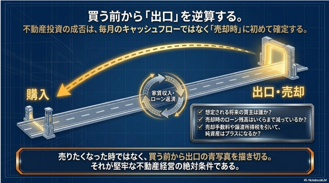 不動産の購入から家賃収入とローン返済を経て売却へ進み、将来の買主・ローン残高・売却費用と税金を確認する図
