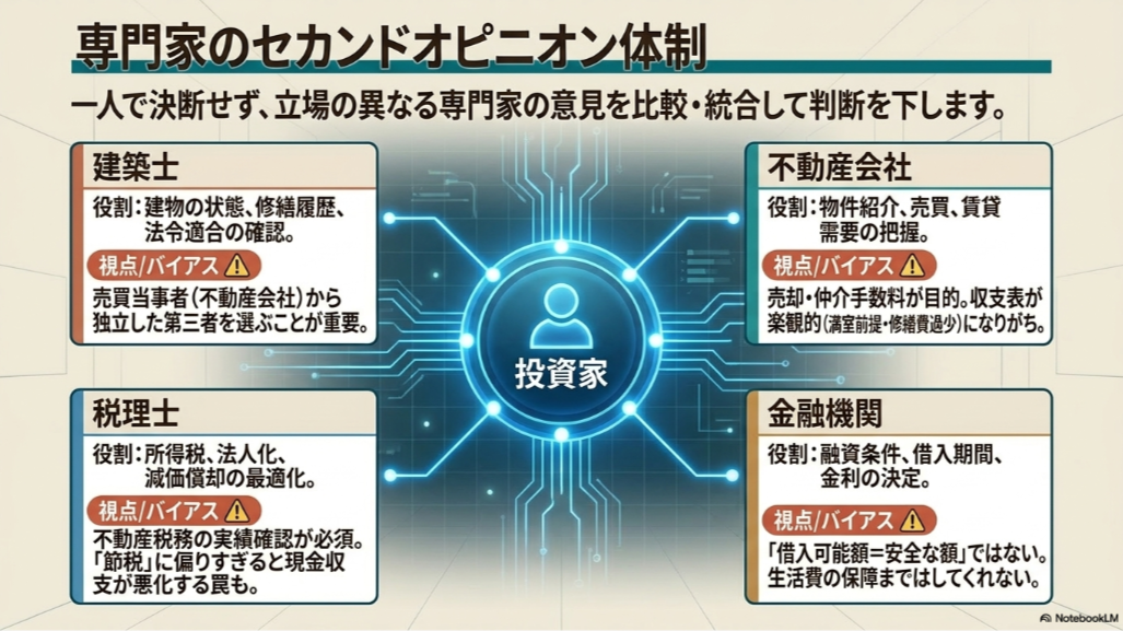 投資家を中心に建築士・不動産会社・税理士・金融機関の役割と注意点を示したセカンドオピニオンの図