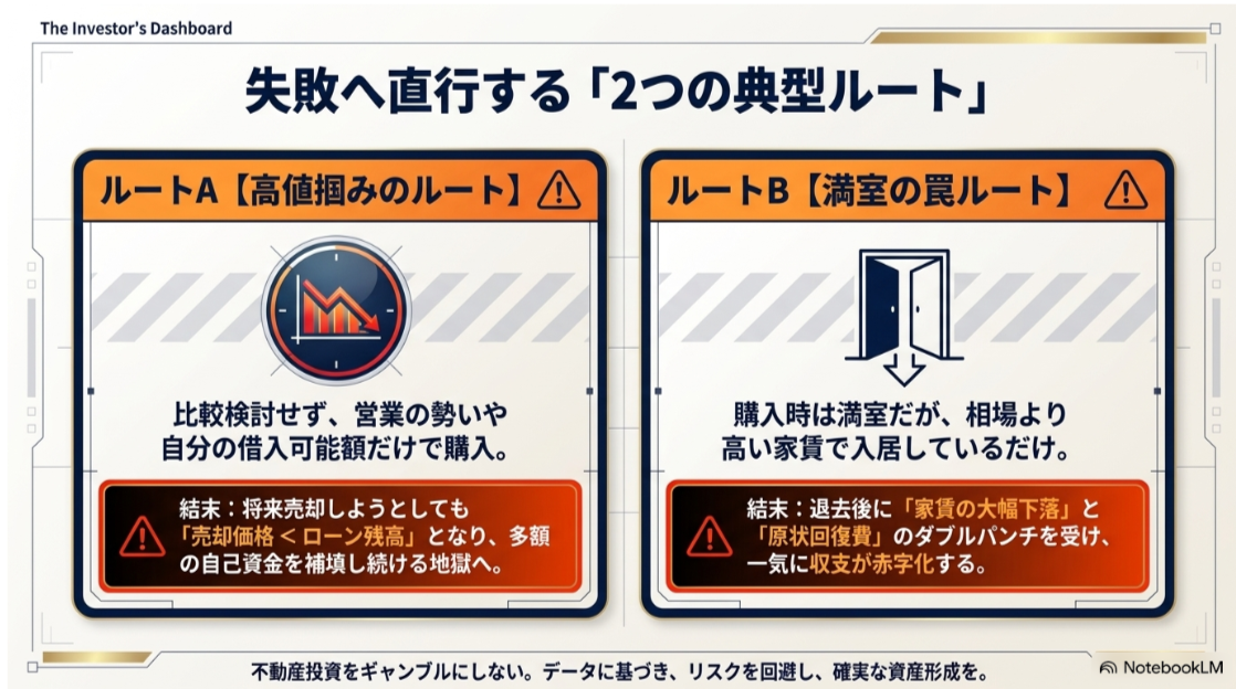 高値掴みによる売却価格とローン残高の逆転、満室物件の退去後に起こる家賃下落と原状回復費を示す図