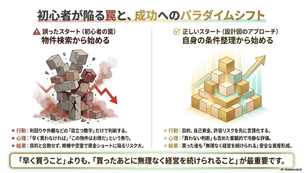 不動産投資初心者が物件検索から始める罠と条件整理から始める正しい順番の比較