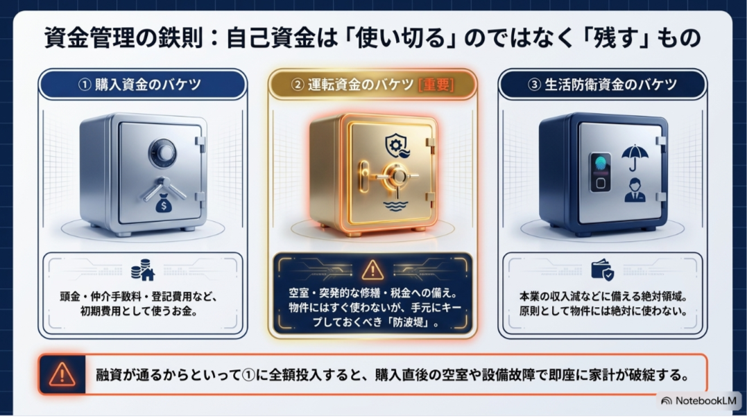 自己資金を購入資金・物件の運転資金・生活防衛資金の3つに分けて管理する考え方